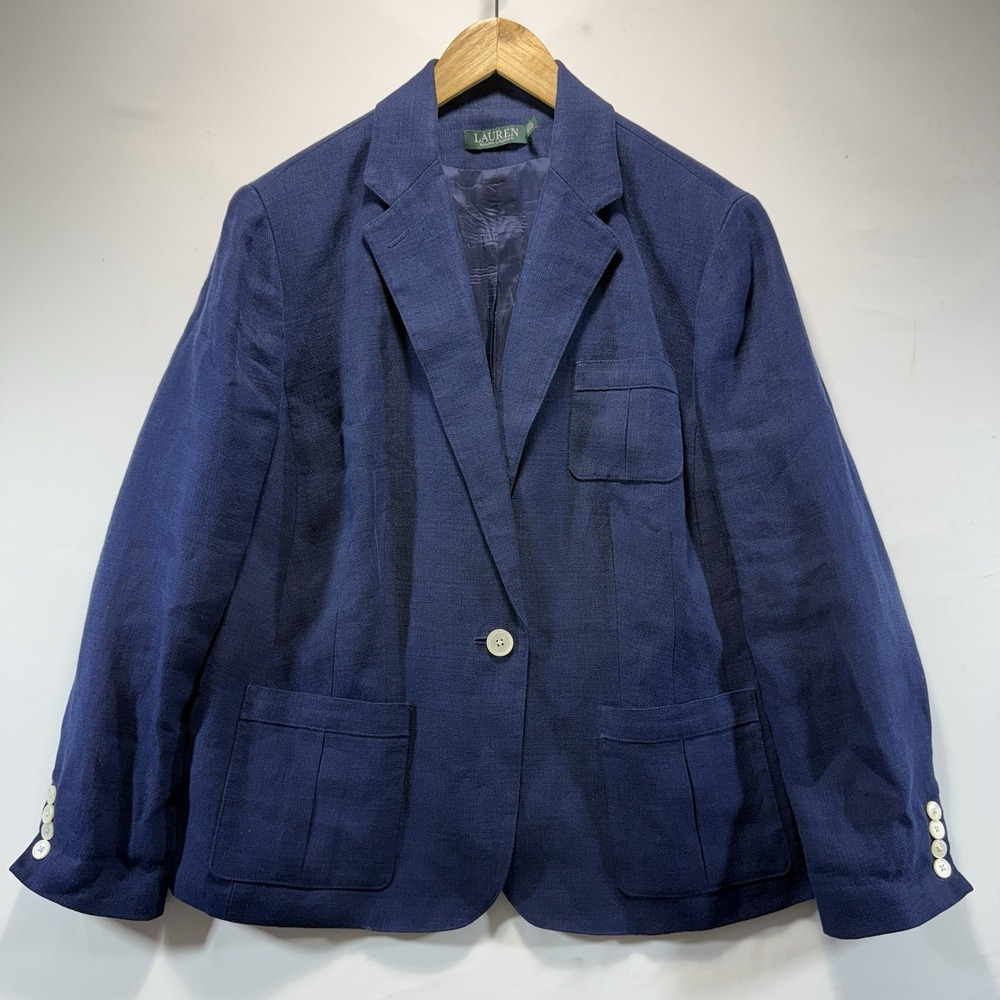 Lauren Ralph Lauren 100% Linen Blue Blazer Women's 14W One Button